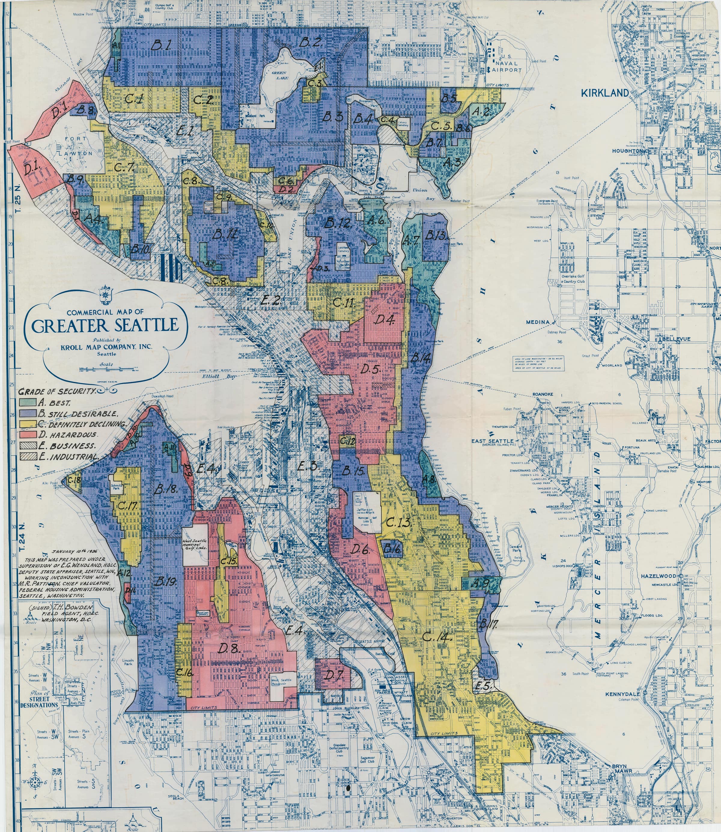 A blue-printed 1936 street map of Seattle, Commercial Map of Greater Seattle by Kroll Map Company, hand-colored in four grades with a legend titled Grade of Security: green A Best, blue B Still Desirable, yellow C Definitely Declining, red D Hazardous, and hatching for business and industrial areas. Each zone carries a handwritten code such as D.5. Large red zones lie east of downtown, beside a blue strip along Lake Washington.